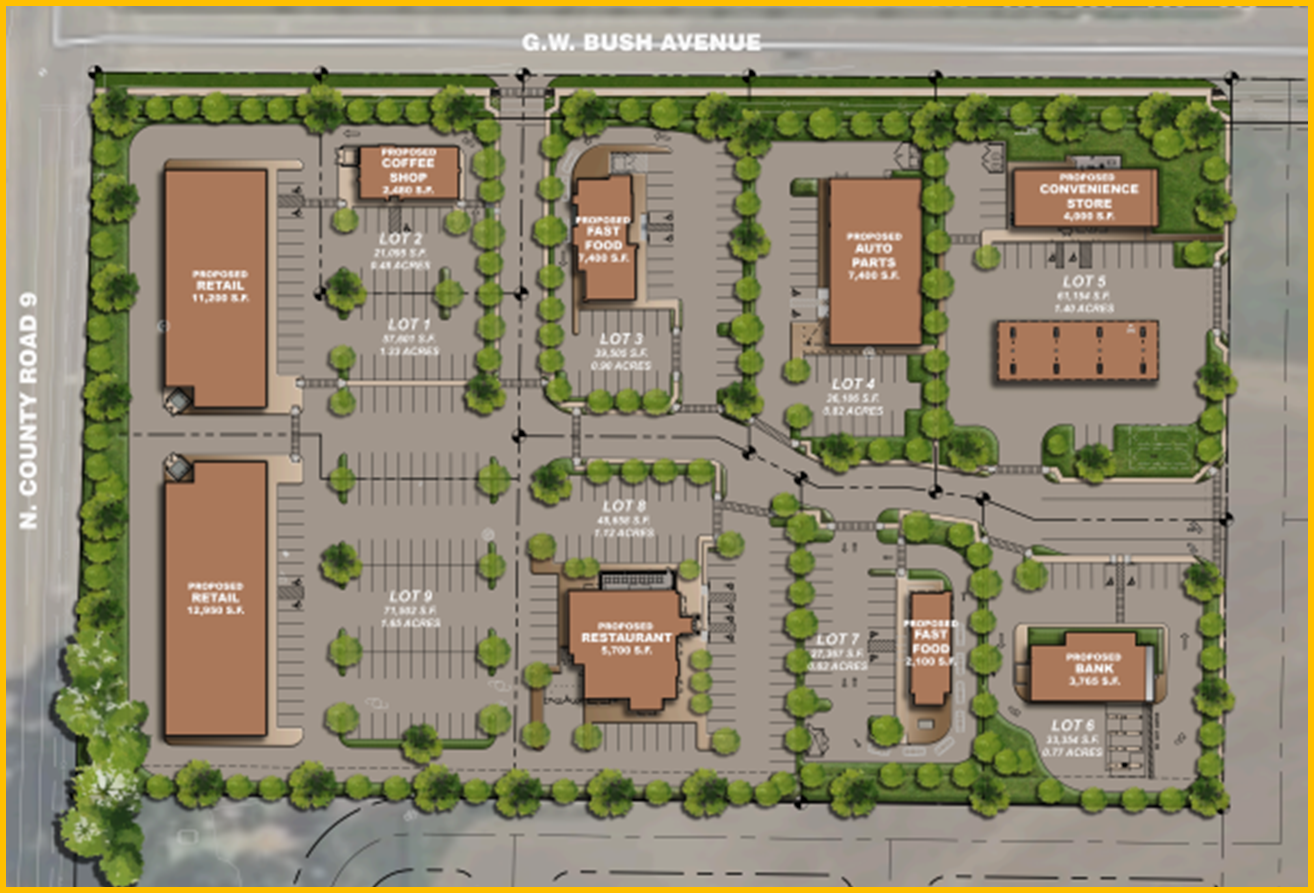 A graphic featuring a conceptual layout for a neighborhood commercial corner in Sage Farms.