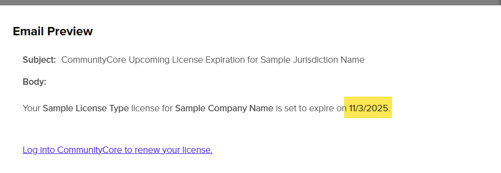Example Upcoming Expiration for Sample Jurisdiction