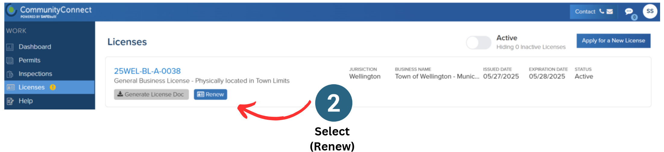 2 Select Renew License from Community Connect 